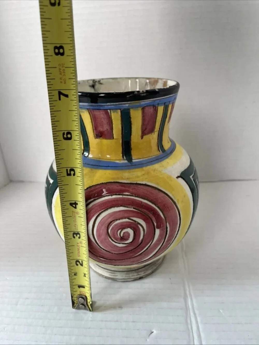 Vintage Italy Art Pottery Vase MCM Geometric Spiral Hand Painted 7